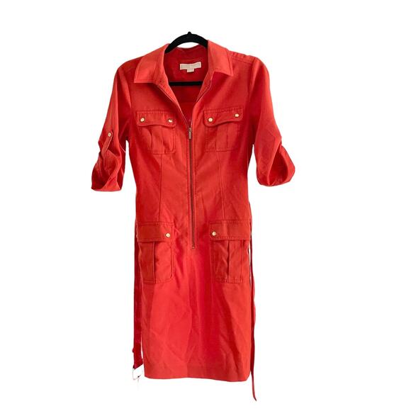 Michael Michael Kors Zip Up Shirt Dress Belted Orange Size Medium - Picture 7 of 10